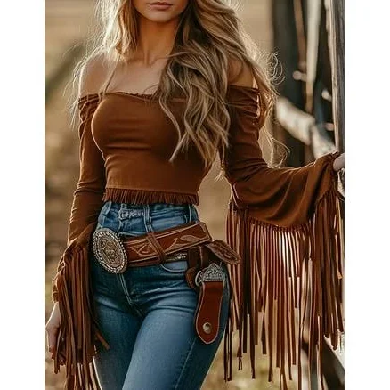 Zoelnic Women's Off The Shoulder Fringe Trim Tassel Shirt