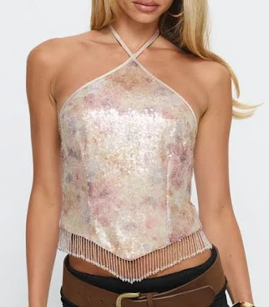 Princess Polly Udelle Sequin Fringe Halter Crop Top