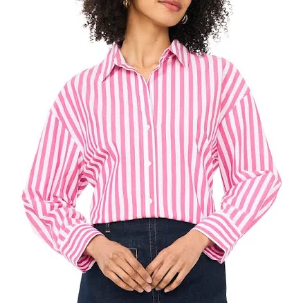 Vince Camuto Women's Woven Point Collar Long Sleeve Stripe Button Down Blouse