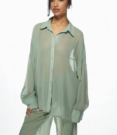 MISSGUIDED Oversized Sheer Button-Down Blouse Lightweight Semi-Transparent Long Sleeve Collared Shirt Beach Cover Up Resort Wear Spring Summer