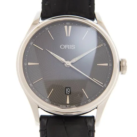 Oris Artelier Date Automatic Grey Dial Unisex Watch 733 7721 4053 5 21 64FC, Automatic Movement, Alligator Leather Strap, 40 mm Case in Black / Grey