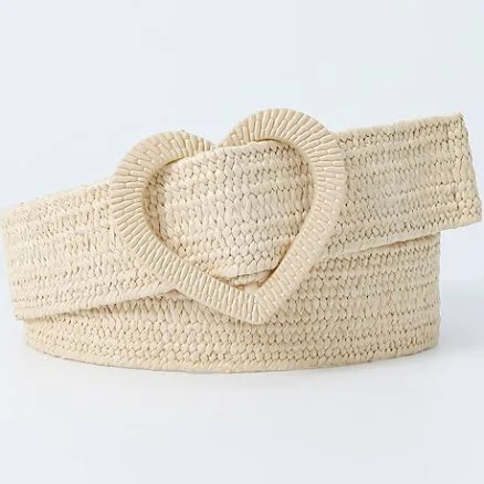 Heart Buckle Woven Straw Belt