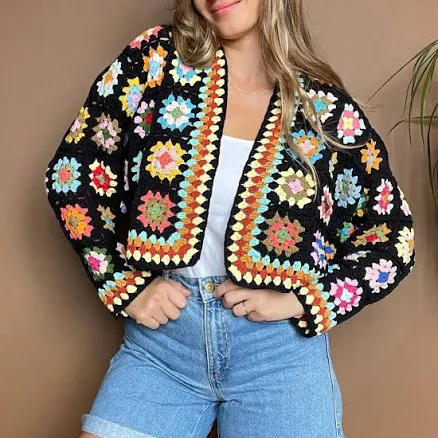 Handmade Crochet Granny Square Cropped Cardigan