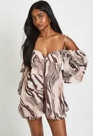 Zebra Chiffon Cold Shoulder Ruffle Playsuit
