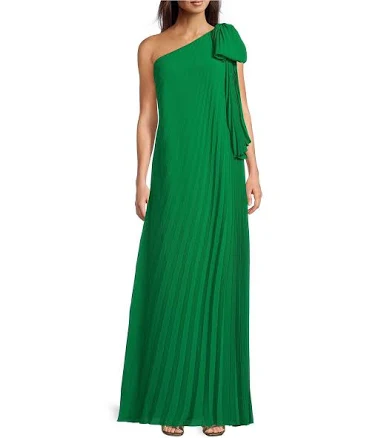Belle by Badgley Mischka Anna One Shoulder Bow Pleated Dress