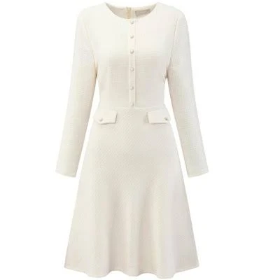 Women's Vintage Work Flare Tweed A-Line Long Sleeve Dress