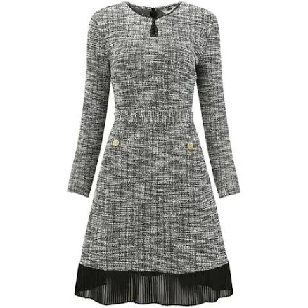 Women's A-Line Tweed Long Sleeve Pleated Hem Belted Flare Dress