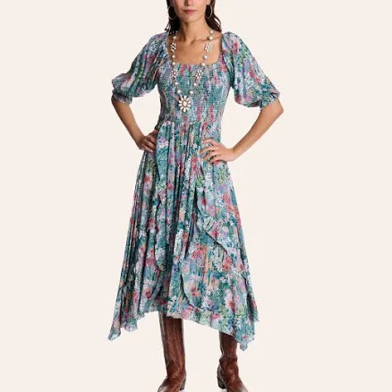 Rockin' C Women's Floral Print Smocked Dress