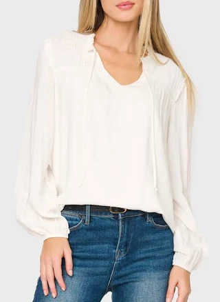Gibsonlook Women's Tie Neck Long Sleeve Smoked Yoke Blouse
