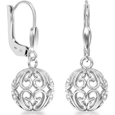 925 Sterling Silver Filigree Ball Leverback Dangle Earrings