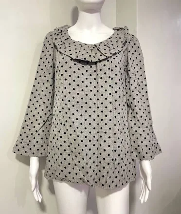 Sonia Rykiel Polka Dot Long Sleeved Pleated Collar Wool Top Gray Size