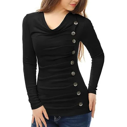 Allegra K Women's Cowl Neck Long Sleeve Ruched Blouse with Buttons