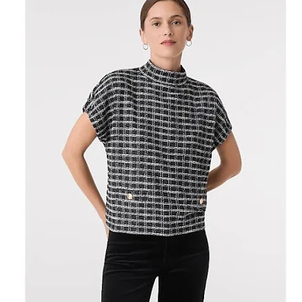 Ann Taylor Women's Plaid Tweed Mock Neck Top