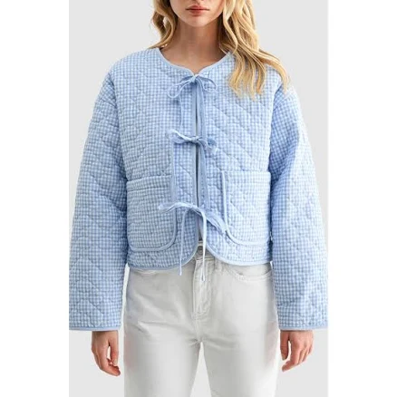 All in Favor Women's Gingham Tie Front Quilted Jacket