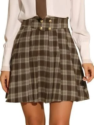 Women's Vintage Plaid Double Breasted A-Line Pleated Mini Skirt
