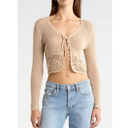 All in Favor Women's Crochet Tie Front Sweater