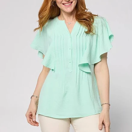 Nina Leonard Textured Wave Flutter-Sleeve Mandarin Collar Blouse