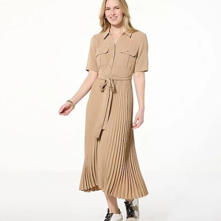 Nina Leonard Collared Pleated Shirt Dress