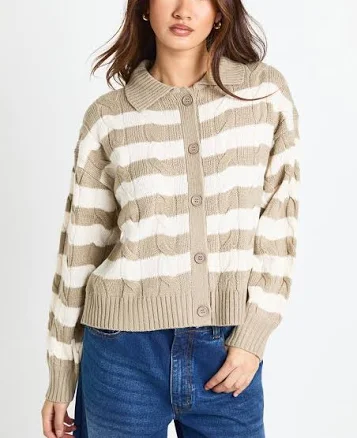 Boohoo Women's Stripe Collared Knit Cardigan