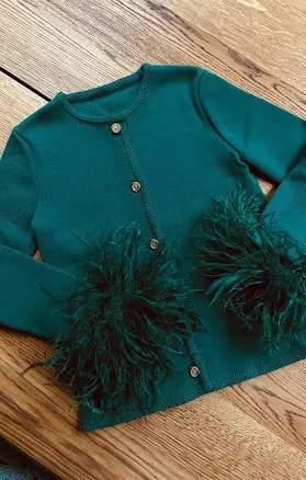 Ladies Wool Knitted Cardigan Jacket with Detachable Ostrich Feathered Sleeves