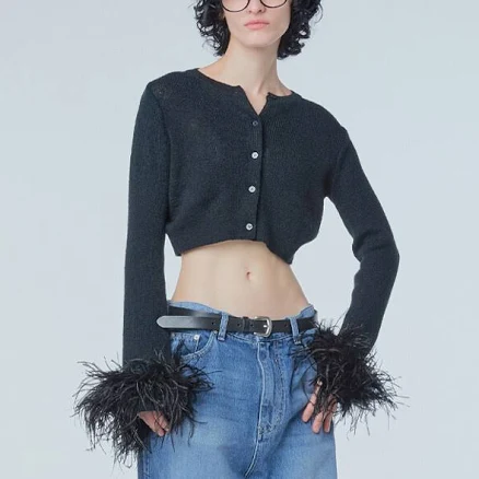 W Concept Ostrich-feather Wool-blended Cardigan