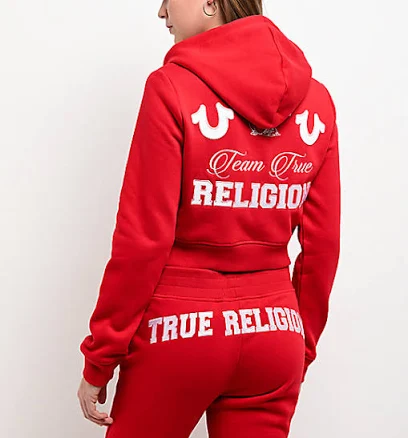 True Religion Embroidered Shrunken Red Crop Zip Hoodie