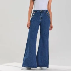 High-Waist Wide-Leg Flare Jeans with Button DetailHigh-Waist Wide-Leg Flare Jeans with Button Detail