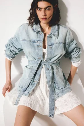 H&M Ladies Tie-Belt Denim Jacket