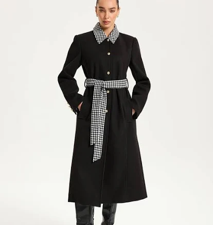Belted houndstooth Collar Long Coat