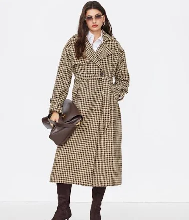 CIDER Women's Belted Tweed Coat Double Breasted Houndstooth