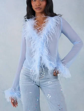 Feather Trim Sheer Top in Soft Blue | Oh Polly