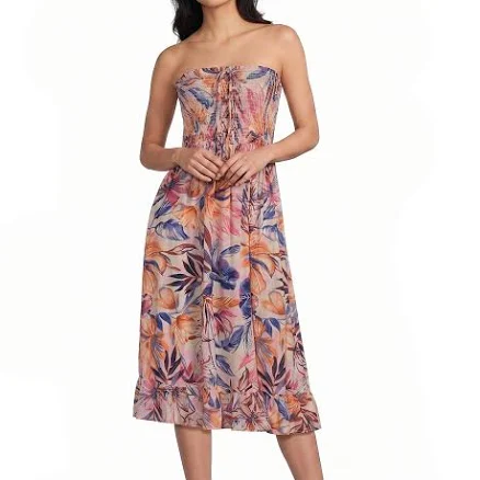 Angie Tropical Printed Strapless Smocked Midi Dress