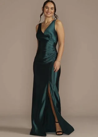 DB Studio Sculpting Satin V-Neck Tank Sheath Dress with Slit