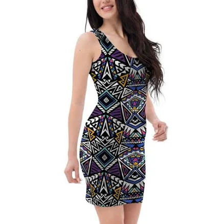 Neon Indian Aztec Triangles Abstract Geometric Art Bodycon Dress, Bodycon Dress / S