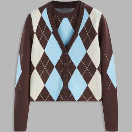CIDER Knit Argyle Pattern Two-Piece Vest & Cardigan Set with Ribbed Hem