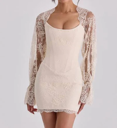 House of CB Womens Lace-Sleeve Satin Mini Corset Dress