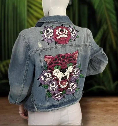 Upcycled Cheetah Denim Jacket with Glitter Roses