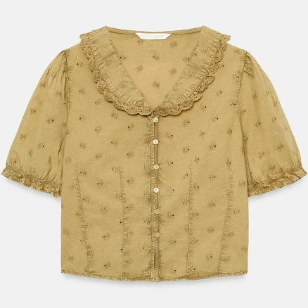 Zara Embroidered Peter Pan Collar Shirt