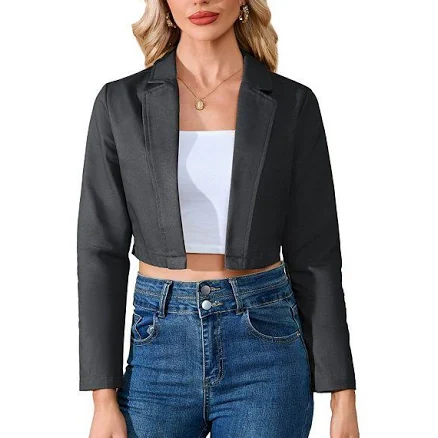 Women's Cropped Notched Lapel Long Sleeve Business Jacket