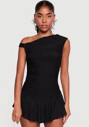 Women's One Shoulder Side Ruched Textured Knit Crop Top