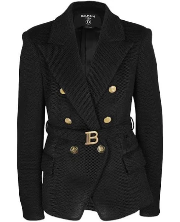 Balmain Double-breasted Belted Women Blazer With Logo Buckle - Black