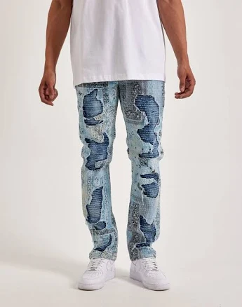 Smuggler's Moon Men's Paisley-print Distressed Slim Denim Jeans