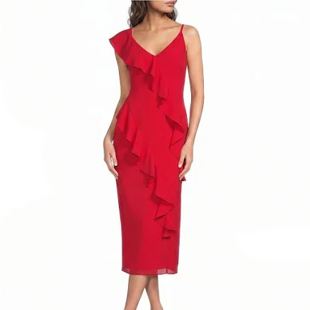 Belle by Badgley Mischka Cascading Ruffle Midi Caroline Dress