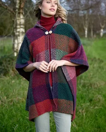 Sarah Hooded Herringbone Check Cape