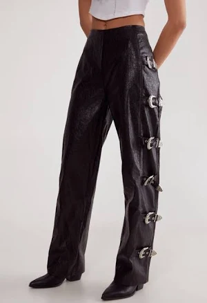 Nasty Gal Women's Distressed Faux Leather Trouser with Buckle Detail