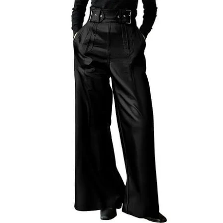 Women's High Waist Baggy Faux Leather Pants with Belt