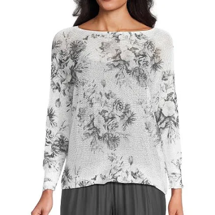 Floral Knit Boat Neck Long Bat Sleeve Top