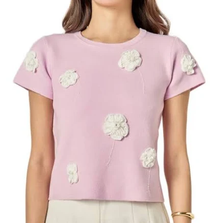 English Factory Women's 3D Flower Ebellished Short Sleeve Knit Top