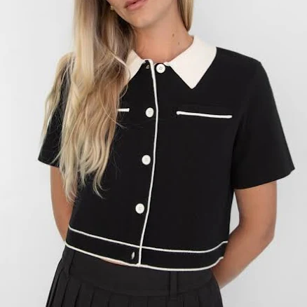 OAK + FORT Cropped Knit Top with Contrast Trim