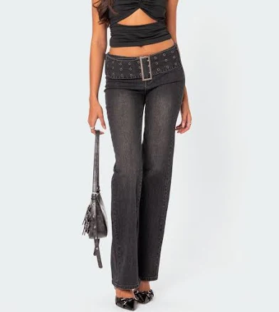 Edikted Women's Washed Flared Jeans with Buckle Belt